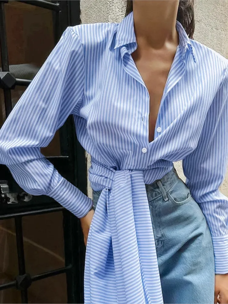 French Style Long Tie Fashion Striped Single Breasted Shirt Spring Autumn Women Wear Long Sleeved Commuting Irregular Short Top