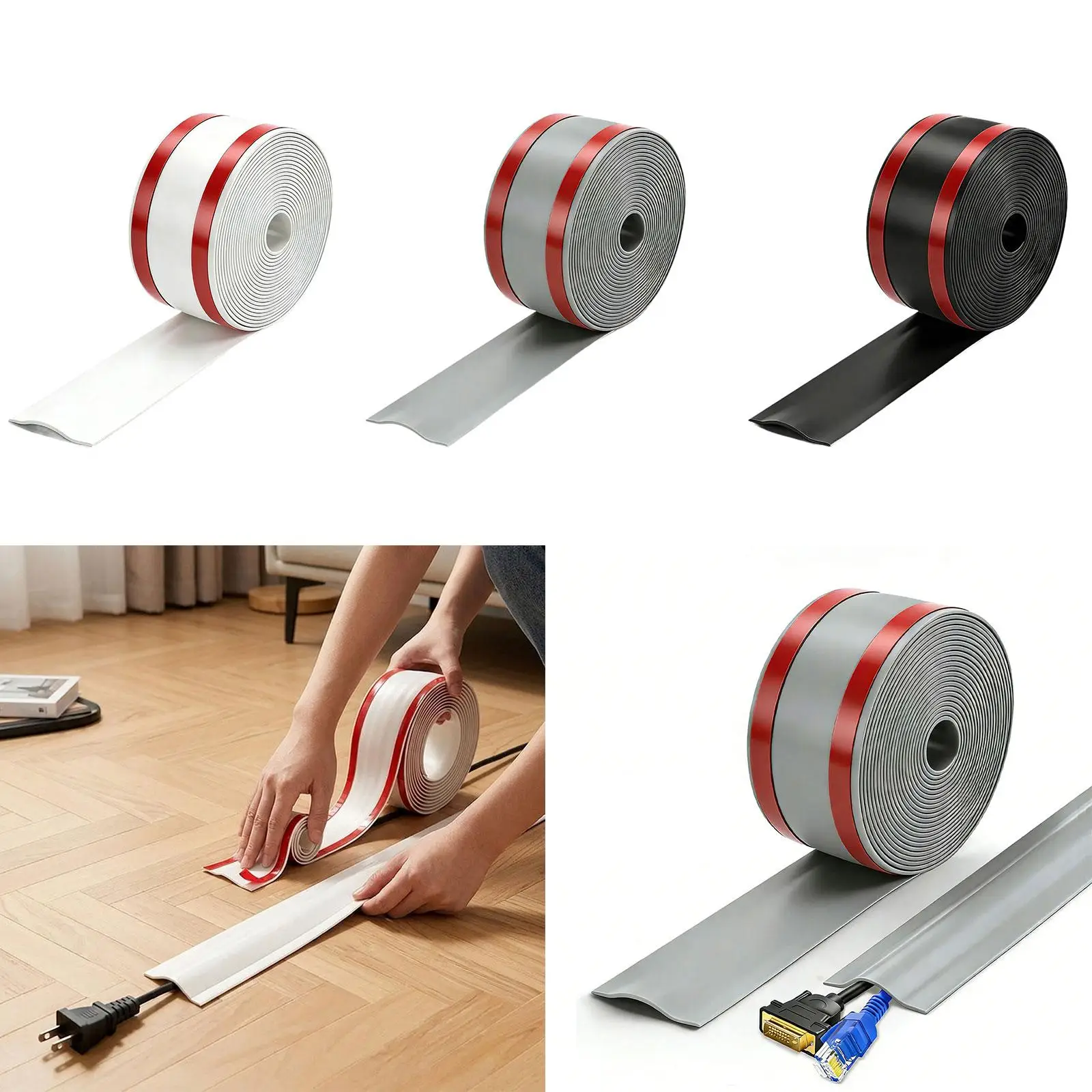 Floor Cable Cover Self Stick Cord Management PVC Protector Strip Organizer for Electrical Cords and Wires