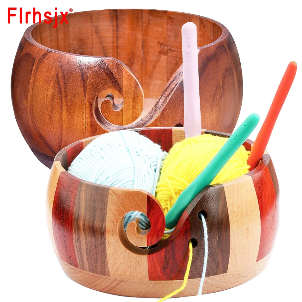 Handmade Yarn Storage Bowl Knitting Yarn Bowls Wooden Yarn Bowl with Holes Crochet Holder for DIY Knitting Crocheting Supplies