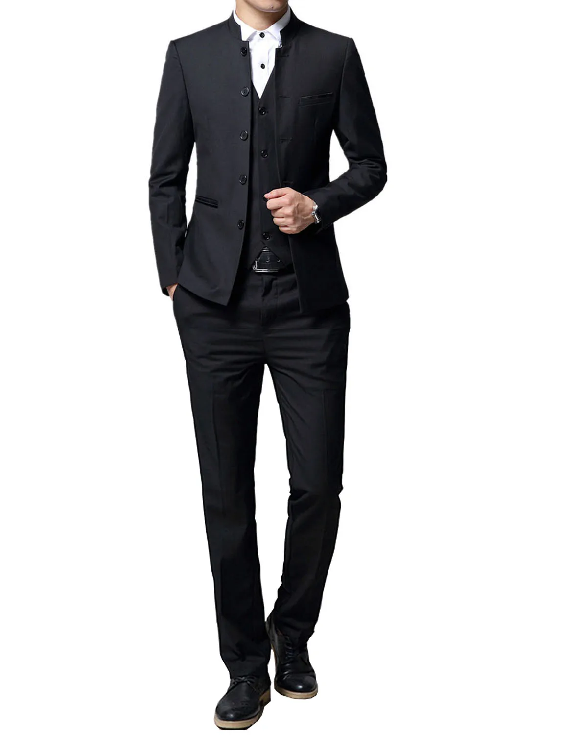 

Men's Slim Fit Single Breasted Stand Collar 3 Pieces Solid Suit Set