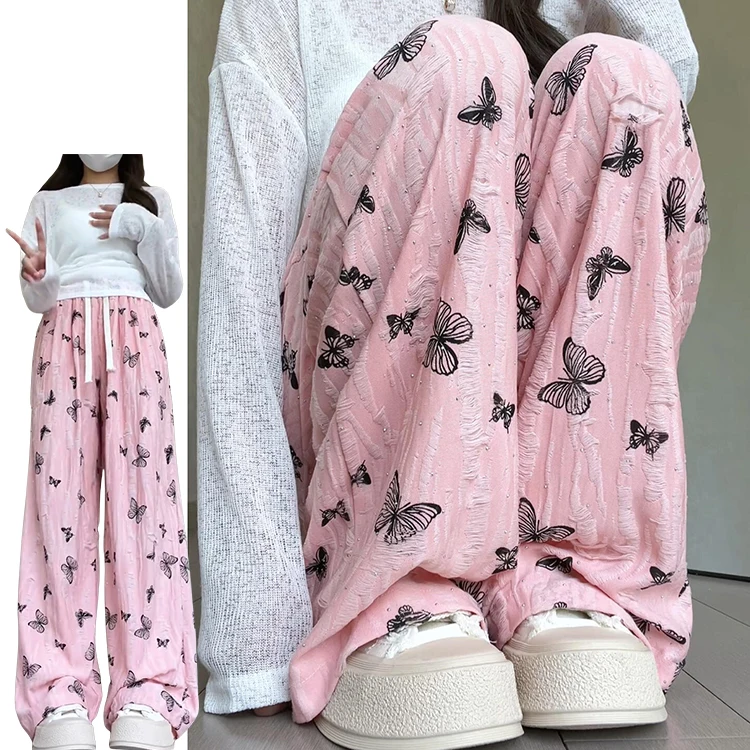 Pink  Wide Leg Pants Women's Summer Thin Ice Silk Sun Protection Sparkling Diamond Casual Long Trousers Korean Sle