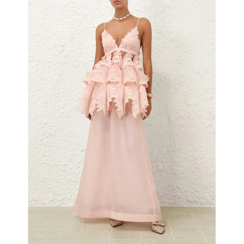 2025年新作コレクション レディース ピンクレース パッチワーク カスケード ディープVネック バックレス ノースリーブ カットアウト ミディ丈ワンピース