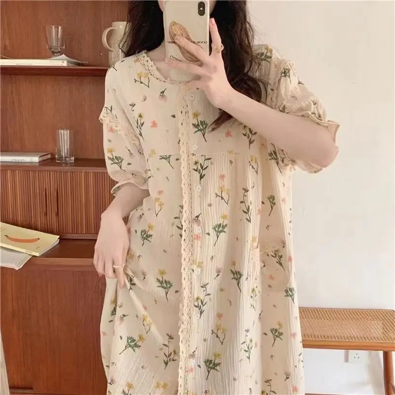 Floral Nightgown Ruffles Sleepwear Women Korean Lace Summer One Piece Pajamas Dress Short Sleeve Night Button Sleeping Home Wear