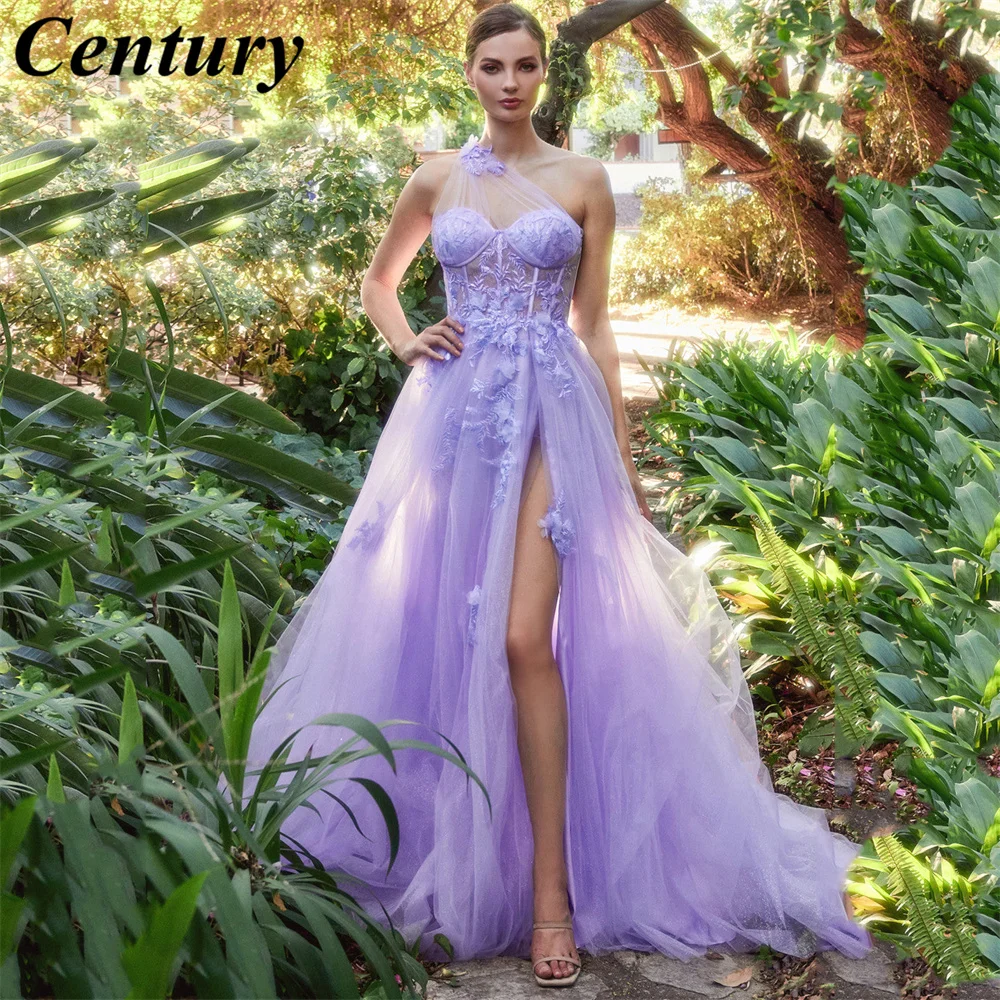 Customized One Shoulder Tulle Prom Dresses 3D Flowers Lace Applique Formal Dress Long with Slit Women Evening Party Gown Robe