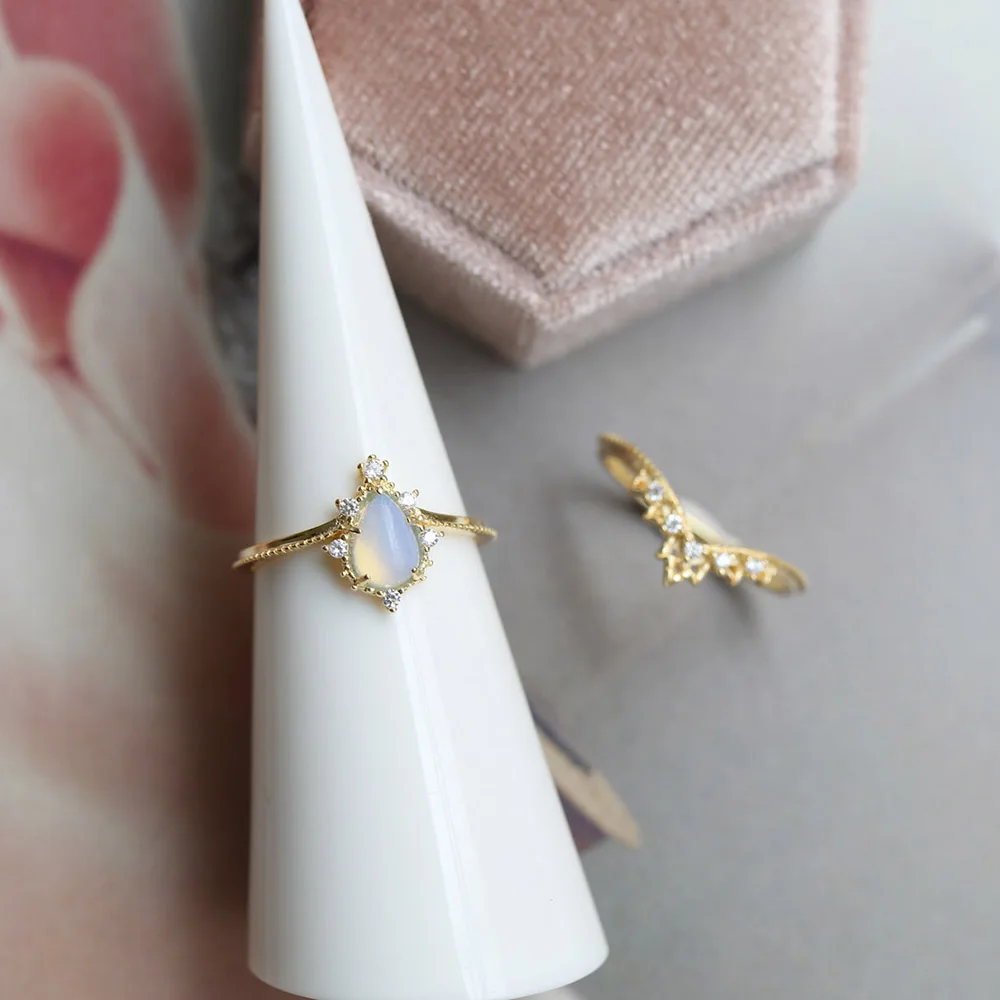 LAMOON 925 Silver Ring Water Drop Synthesis Opal Vintage Crowm Lace Zircon 14K Gold Plated Fine Jewelry Cocktail Party LMRI101
