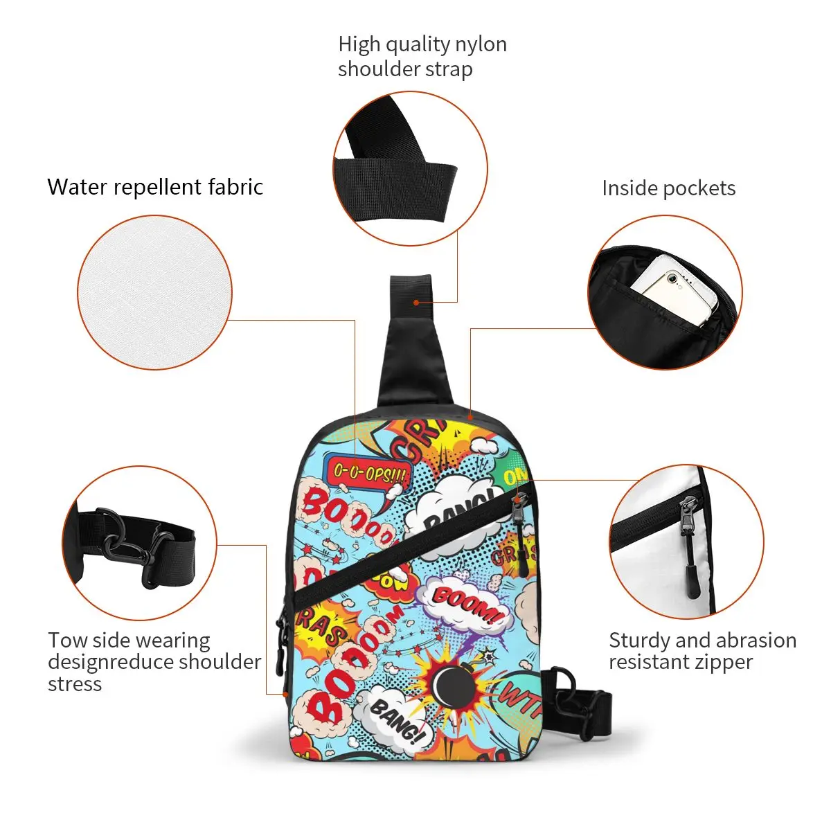 Superhero Cartoon Anime Sling Bags Men Comic Pop Art Explosions Pattern Shoulder Crossbody Chest Backpack Traveling Daypack