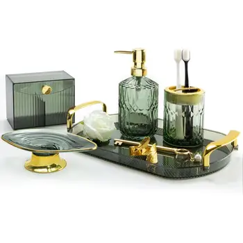 綠色浴室配件套裝 5 件套,包含綠色浴室裝飾、裝飾性梳妝托盤和皂液器,適合波西米亞風格浴室裝飾。 10 最佳銷售 浴室配件套裝 - №3