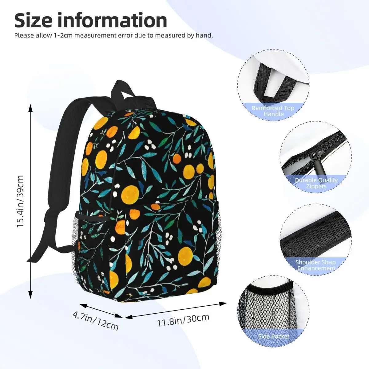 Oranges On Black Backpacks Teenager Bookbag Casual Students School Bags Travel Rucksack Shoulder Bag Large Capacity