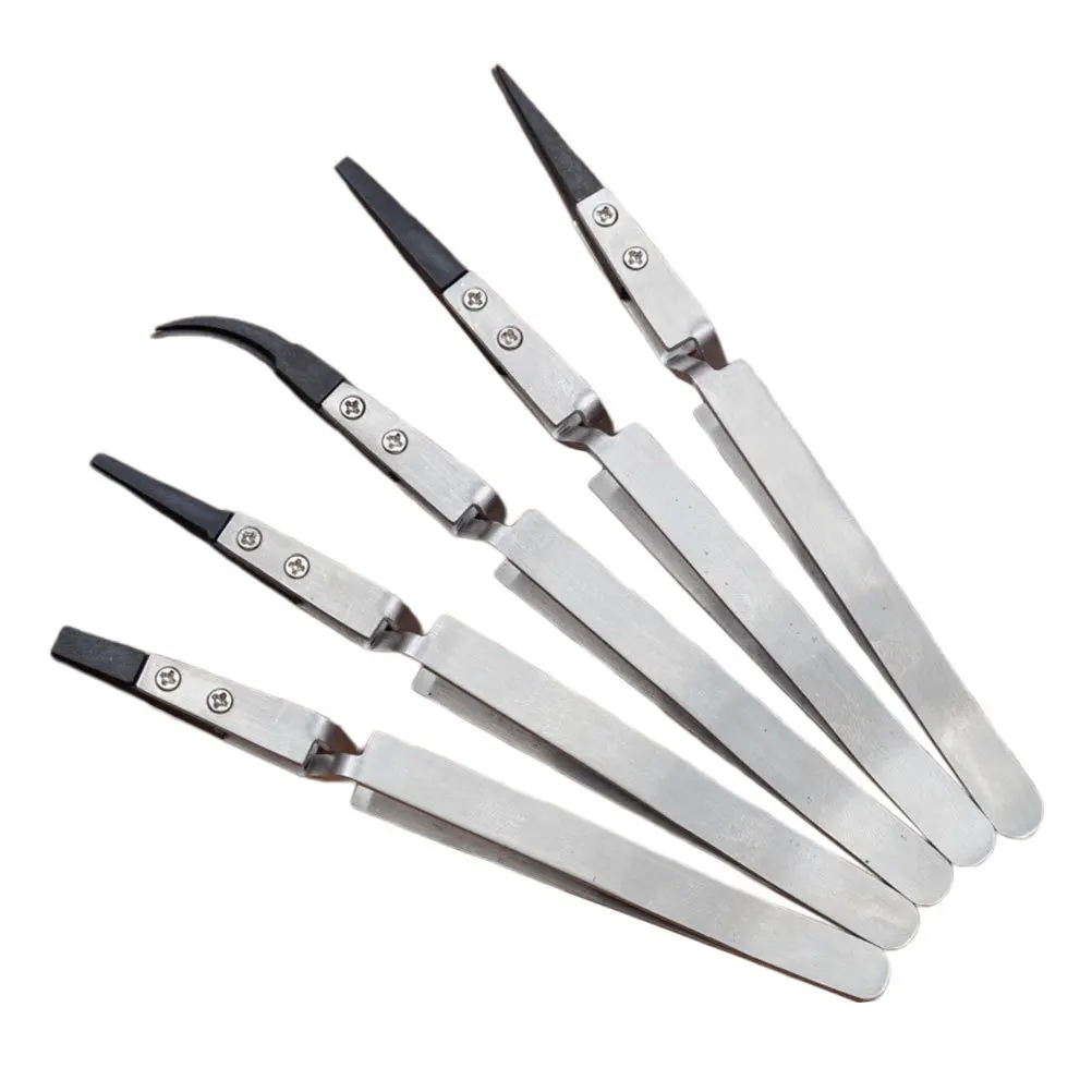 5pcs Precision Ceramic Tweezers Heat Resistant Non-Conductive Anti-Static Stainless Steel Handle For Electronics Repair