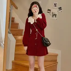 Elegant Women Long Sleeve Mini Dress Vintage Office Ladies Y2K Casual Party New Korean A-Line Sweet Christmas Evening Dresses
