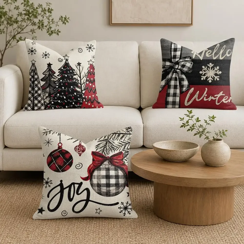 Buffalo Plaid Christmas Illustrations Natural Linen Cushion Cover Double-Sided Print Sofa Pillowcase Home Decor Gift