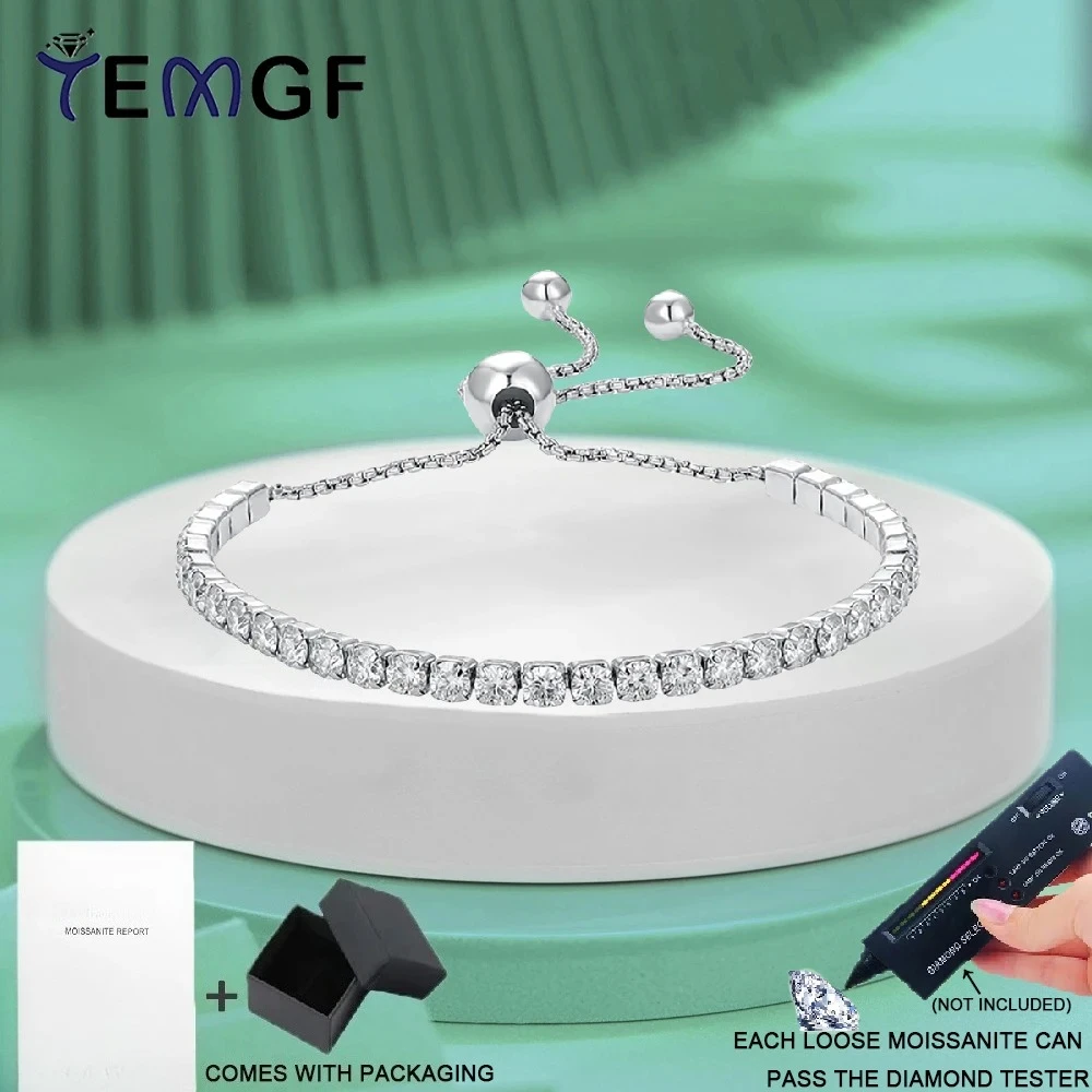 

TEMGF Full 3mm Moissanite Bracelet S925 Sterling Silver Chain Length Adjustable for Women Trendy Sparkling Fine Jewelry Gifts