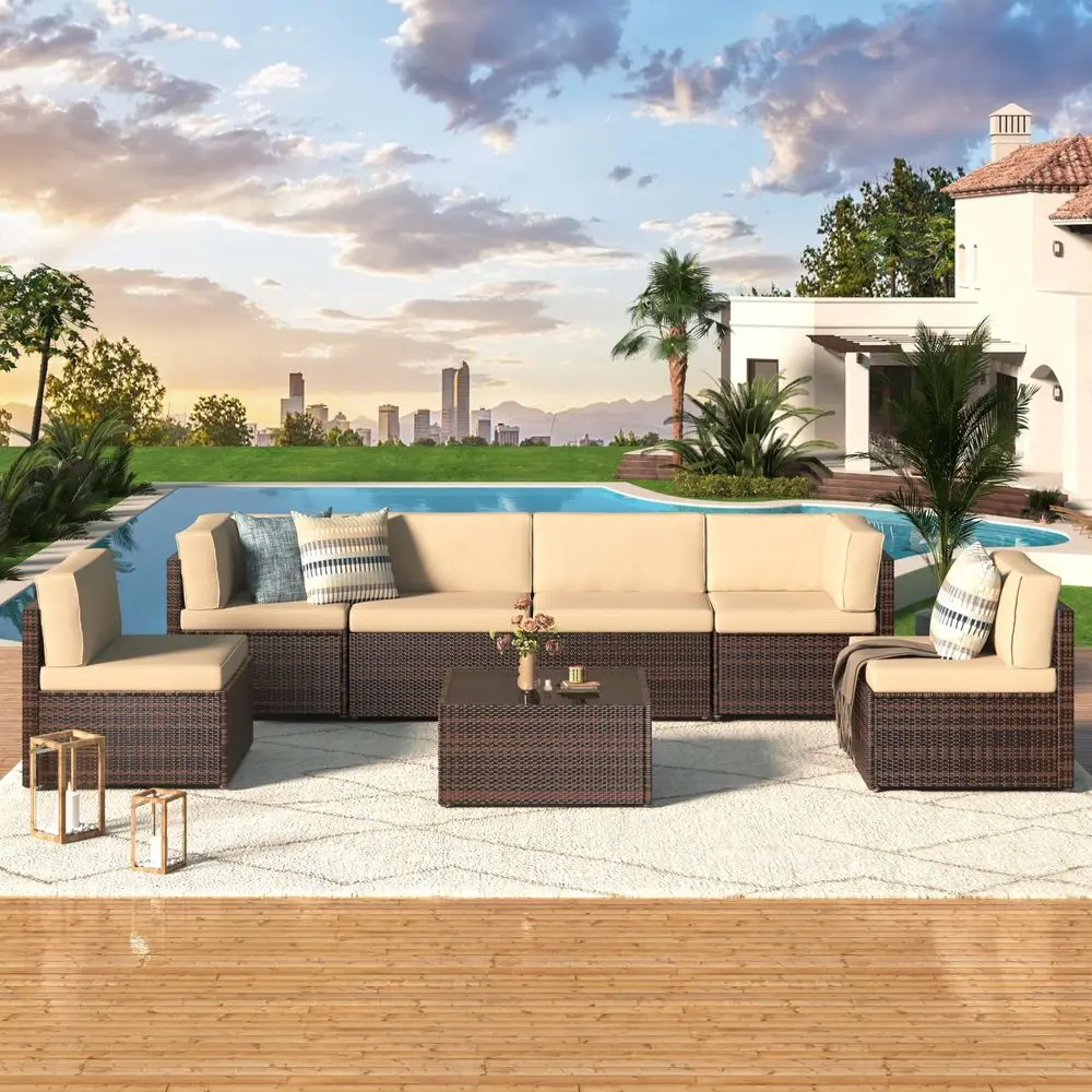 

7 Piece Outdoor Patio Furniture Set, PE Rattan Wicker Sofa Set, Outdoor Sectional Furniture Chair Set with Cushions and Tea Tab
