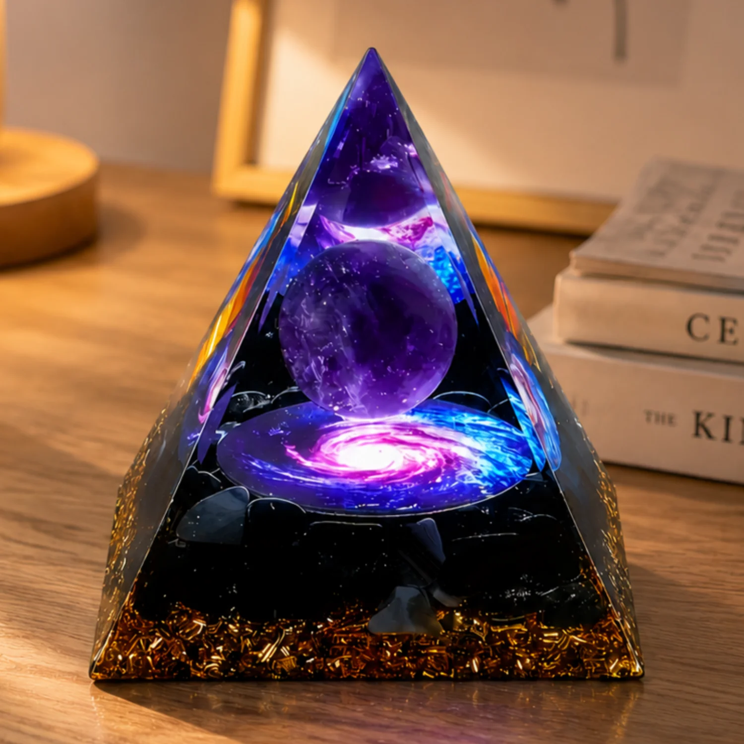 Orgonite Pyramid Amethyst Crystal Ball Galaxy Universe Pattern Resin Orgone Pyramid Home Desktop Decor Meditation Reiki Energy