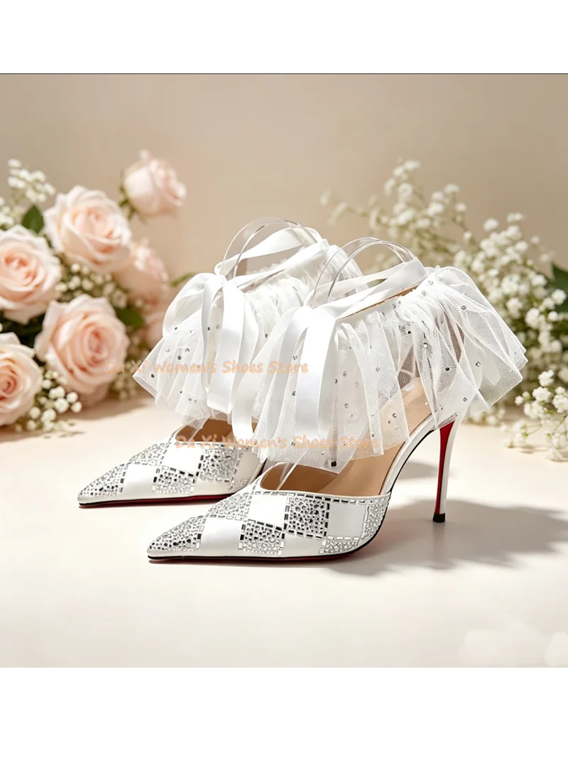 Pointed Rhinestones Fabric And Silk Spliced Bride High Heel Stilettos Ankle Pleated Mesh Decoration Luxury Women's Shoes 2026