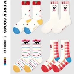 4 Pairs Children' Socks Newest Cartoon Kitty Apple Pattern Calf Cotton Socks Kids Boys Girls Spring Socks
