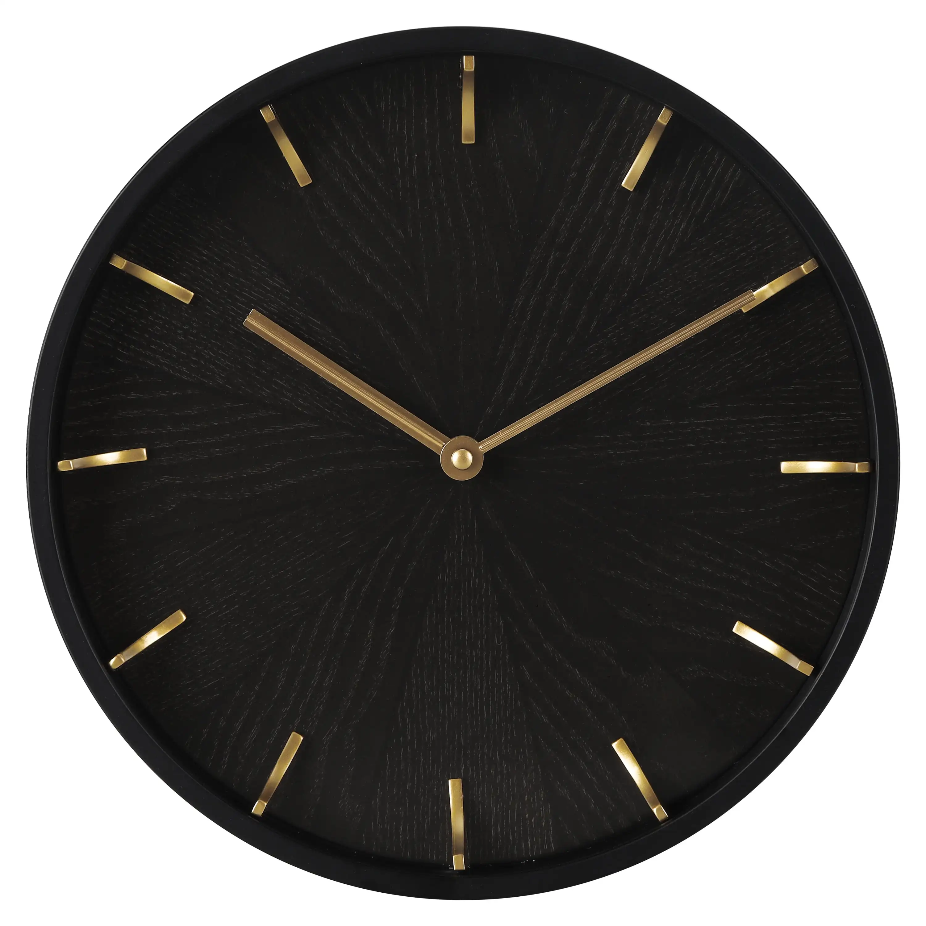 

11.5" Round Indoor Analog Wall Clock with Faux Wood Grain Dial Modern Black Plastic Frame Designed for Indoor Use