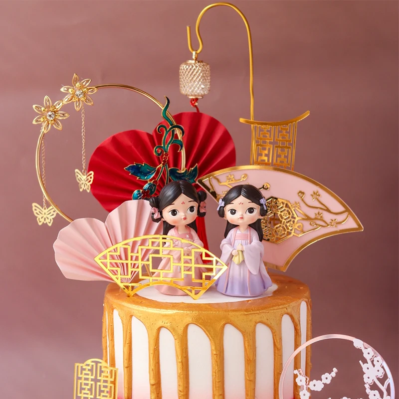 Hanfu Chinese Girl Cake Decoration Wedding Birthday Party Supplies Classical Screen Cake Toppers Acrylic Baking Dessert