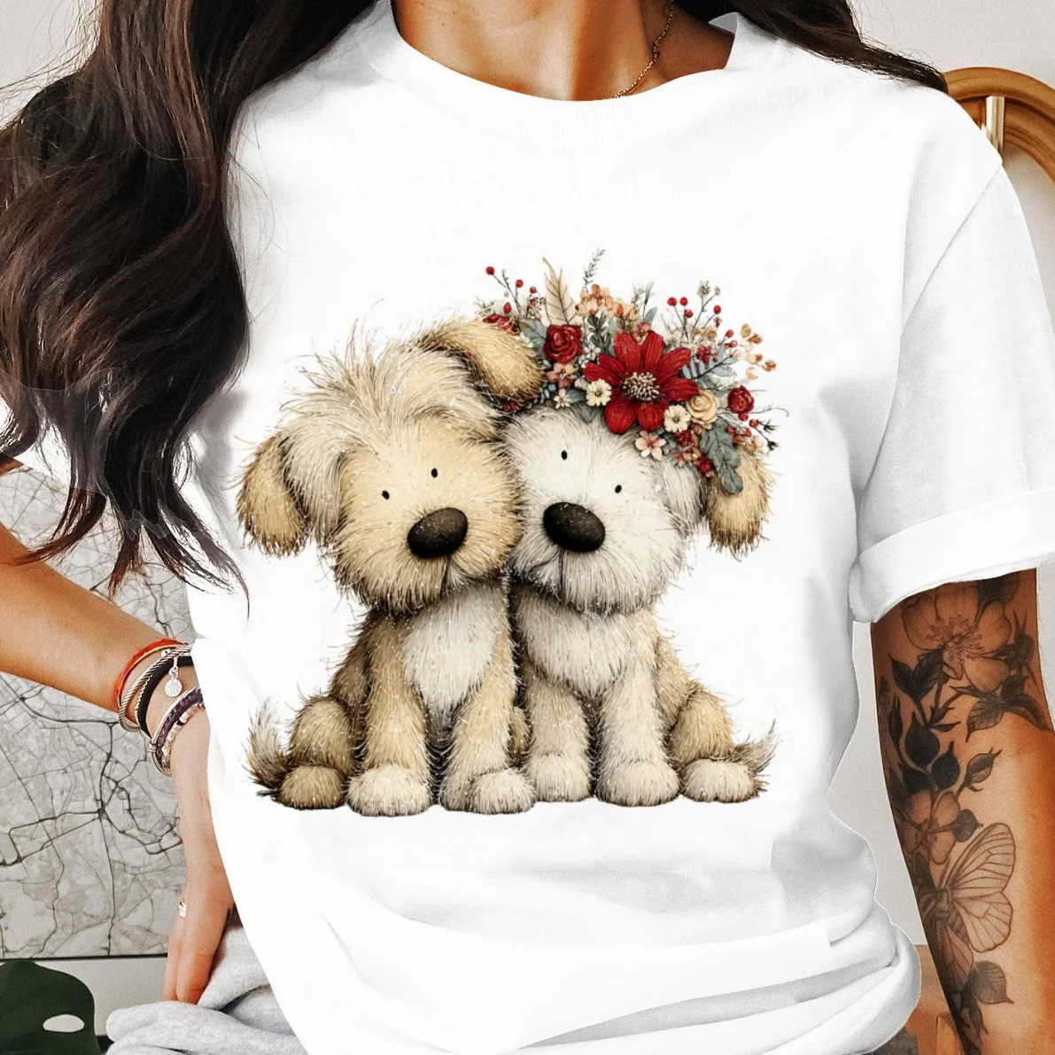 الكرتون لطيف الكلب إكليل تي شيرت مطبوع المرأة لباس أبيض جولة الرقبة نمط شعبية مطبوعة نمط المرأة تنوعا تي شيرت #1