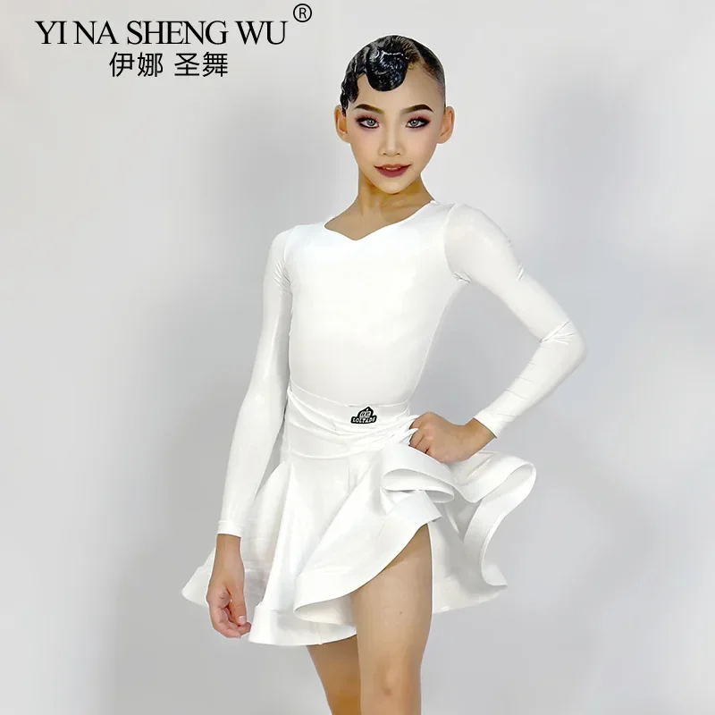 Nuovo vestito da ballo latino per ragazze Costume da spettacolo diviso a maniche lunghe in pelle brillante per bambini Cha-cha Samba Abbigliamento da palcoscenico professionale