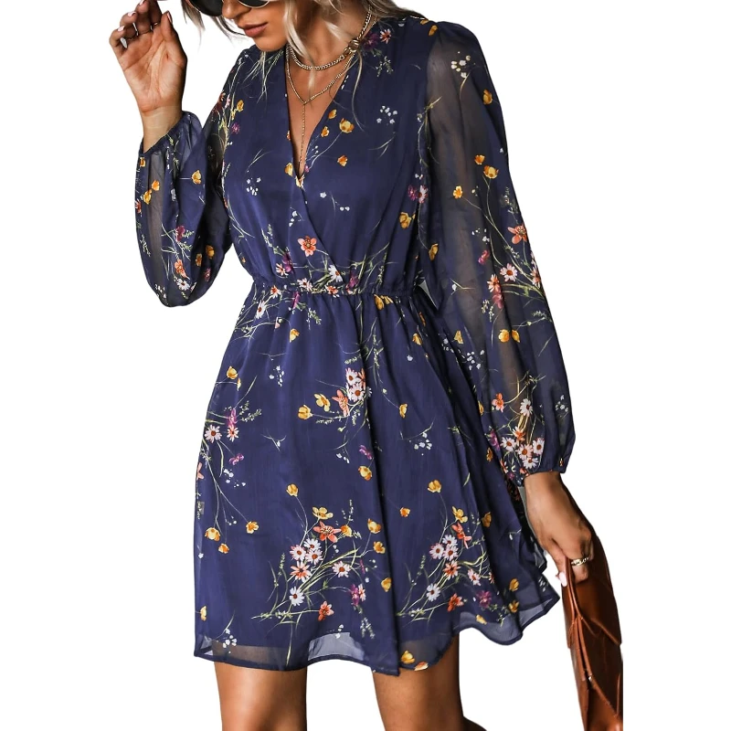 

Women Mini Dresses Casual Spring V Neck Chiffon Long Peasant Sleeves Flowy Summer Dress