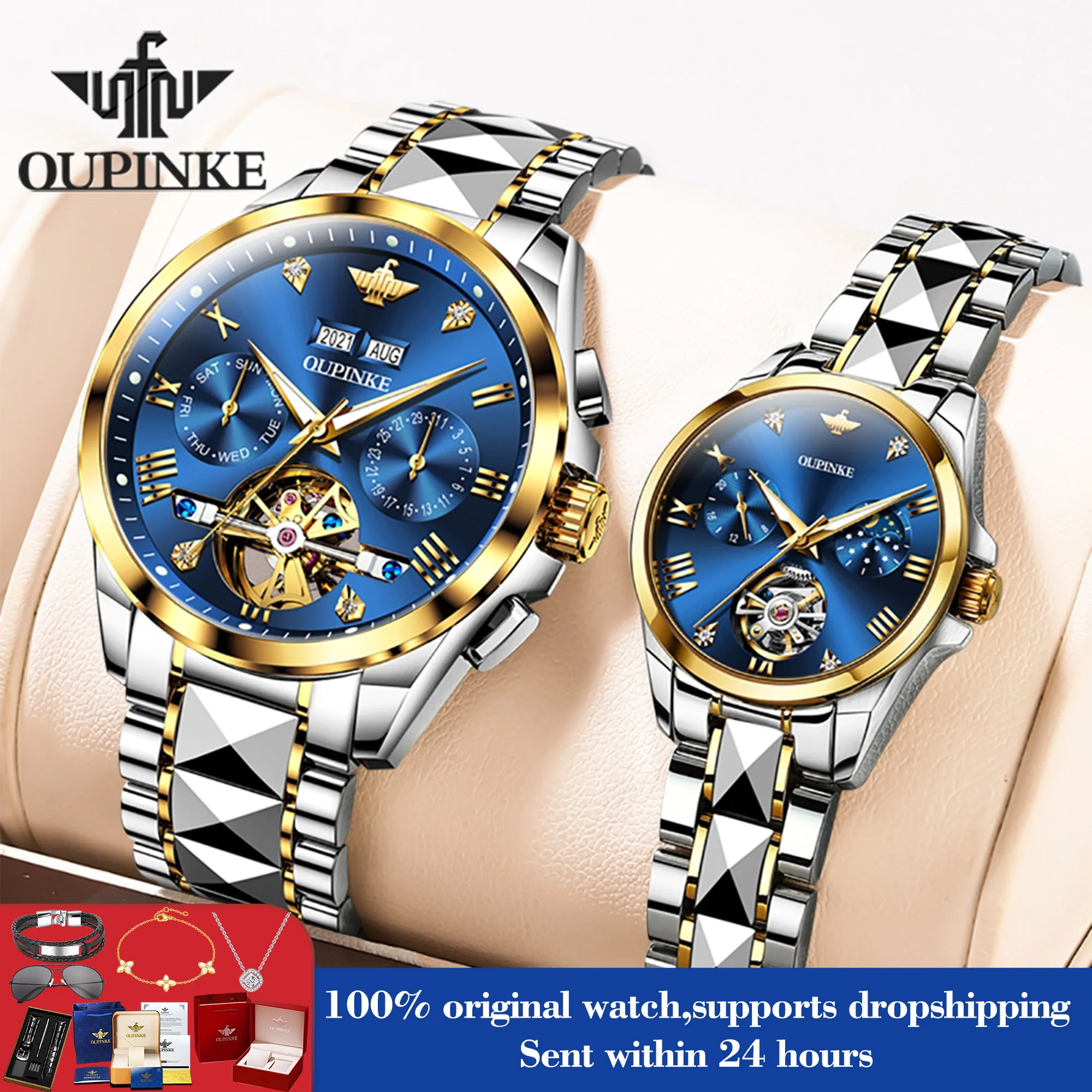 

OUPINKE часы для пар римская шкала полые водонепроницаемые модные деловые механические ручные часы синтетические сапфировые зеркальные часы