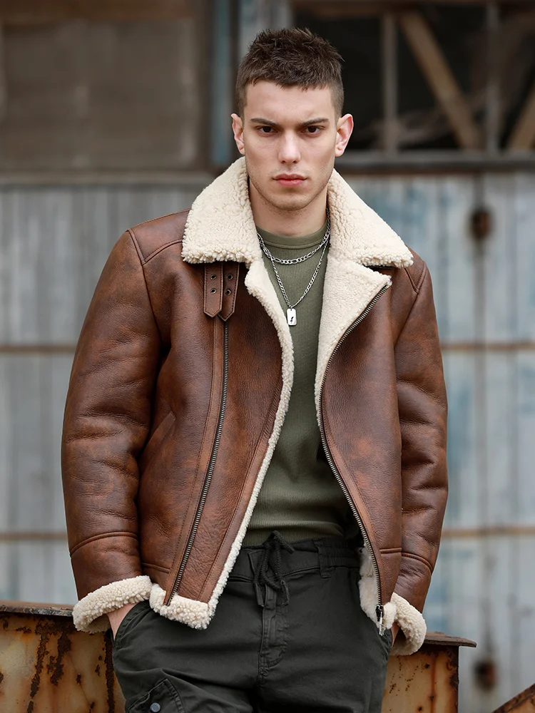 New Winter Fashion Cloth Men\'s Pilot Coat Genuine Sheepskin Shearling Leather Jacket for Male Motorcyclist High Street Brown 5XL