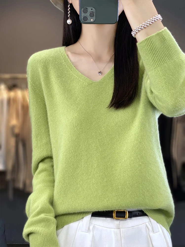 Women V-neck Knitted Pullover 100% Merino Wool Long Sleeve Thin Sweater For Spring Autumn Solid Casual Knitwear Korean Clothing
