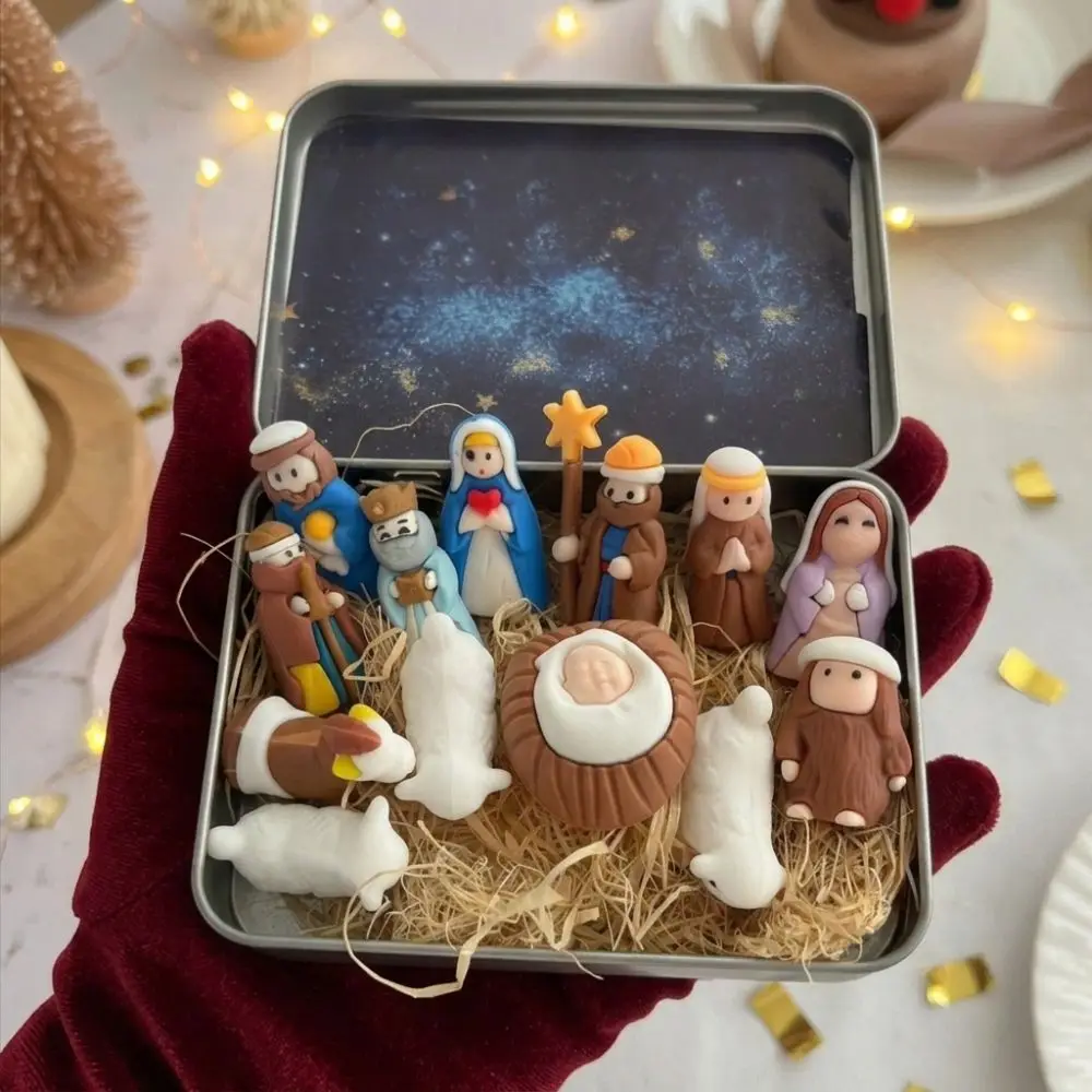 Metal Tin Box Mini Christmas Trough Set Hand Painted Holy Family Xmas Manger Ornaments 3D Printed Shepherd Animal