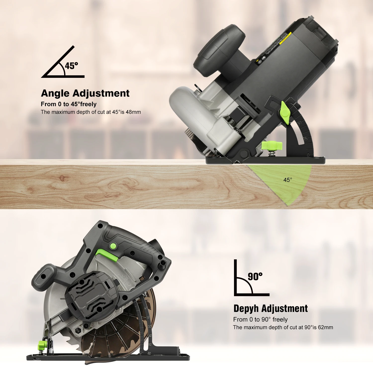 GALAX PRO 1400W Kreissägen, max. 6000 U/min, Motor aus reinem Kupfer, elektrische Sägen, einstellbare Schnittdiebe und Schnittwinkel: 62 mm (90°) ° )-48mm – Detail 2