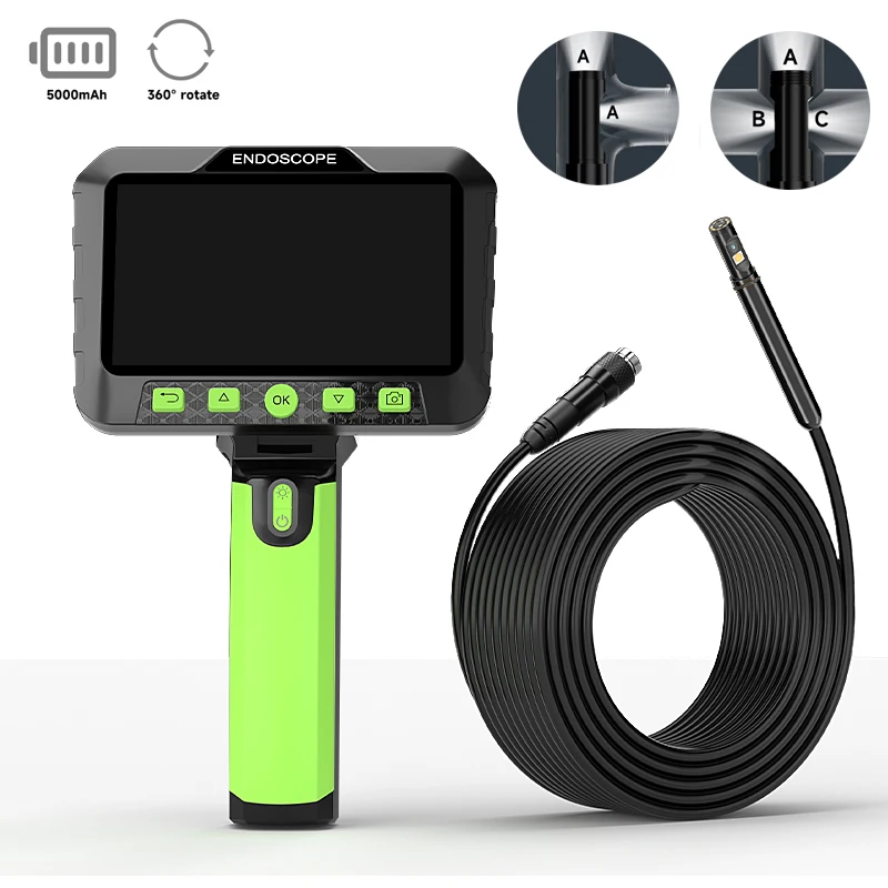 360° Auto Rotate Industrial Borescope 5'' IPS Screen Endoscope 9.5mm 1080P HD Detachable Design IP67 Inspection Camera for Pipe