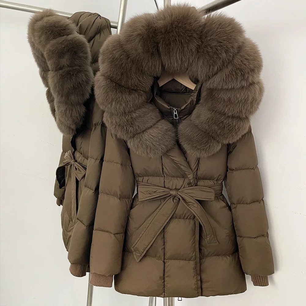 OFTBUY New Winter Real Fur Outerwear Women's Down Jacket with Real Fox Fur Belted Waist Mid-Length White Duck Down Puffer Coat