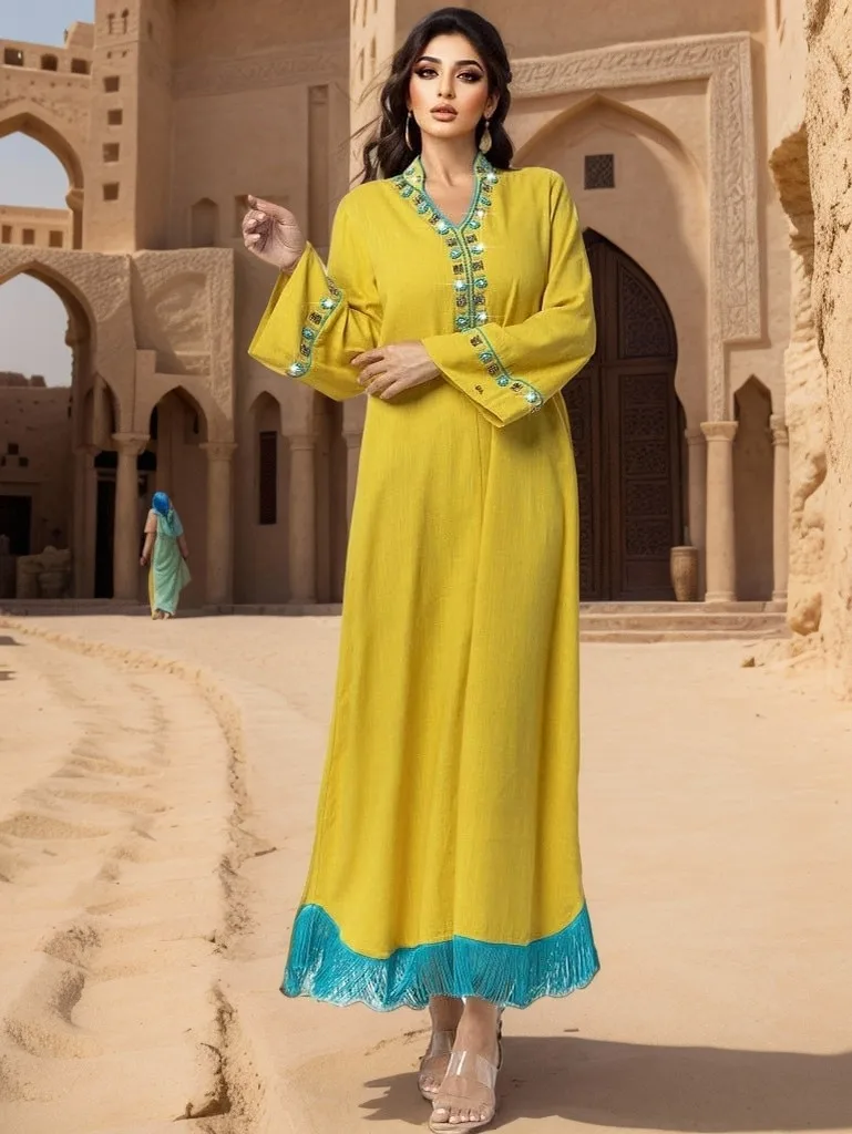 

Muslim Women Rhinestone Beading Tassels Maxi Dress Abayas Ethnic Dubai Turkey Kaftan Jalabiya Caftan Evening Party Dresses Gown