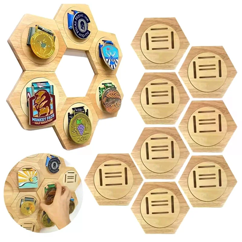 Wooden Medal Display Stand Hexagonal Cellular Design Sports Award Storage Box Creative Wall Decor Home Decoration
