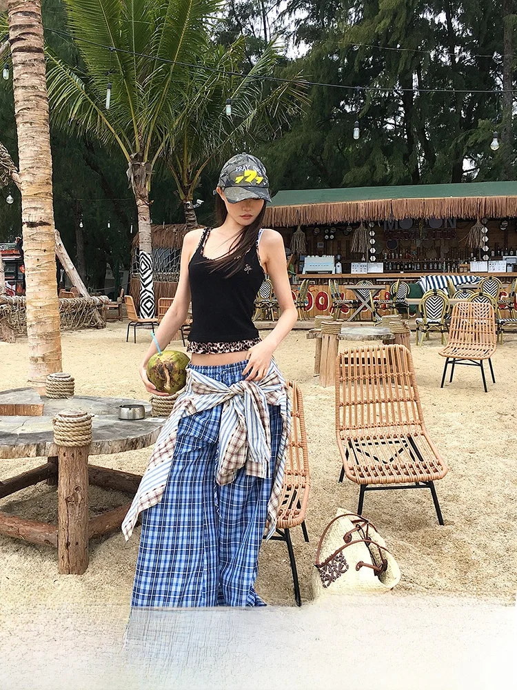 

Брюки женские CCUP SPACE в американском ретро-стиле, повседневные, свободные, широкие, прямые, длинные, синие в клетку, летние, модные