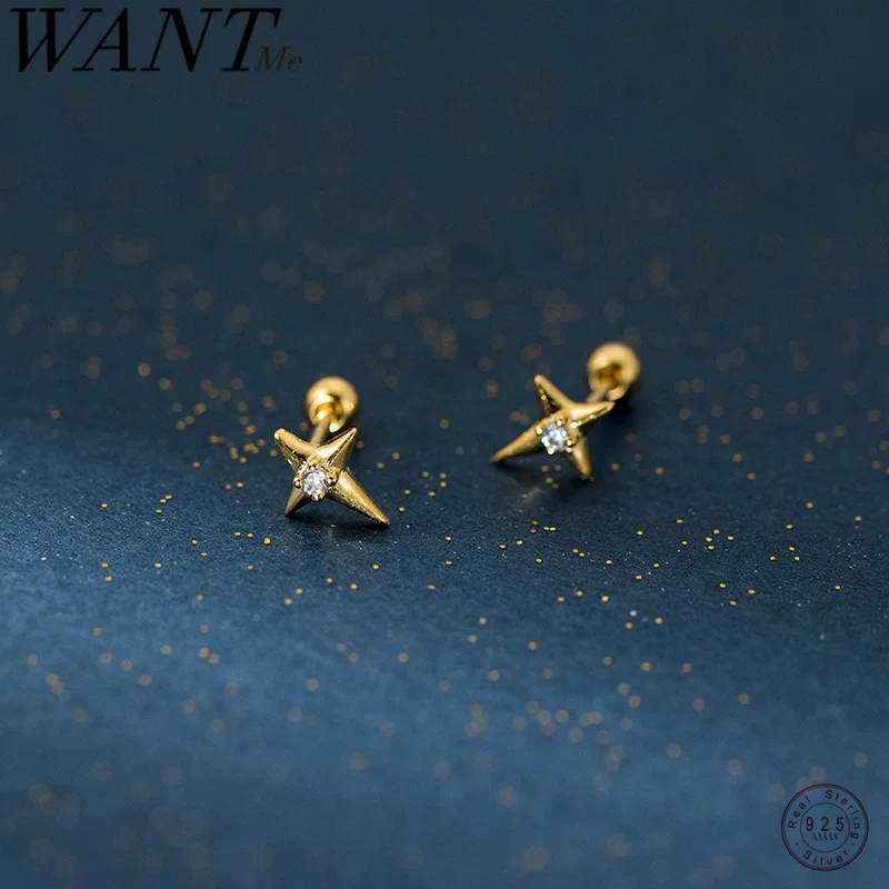 WANTME 925 Sterling Silver Fashion Shine Star Luxury Zircon Screw Bead Stud Earrings for Women Simple Ear Bone Piercing Jewelry