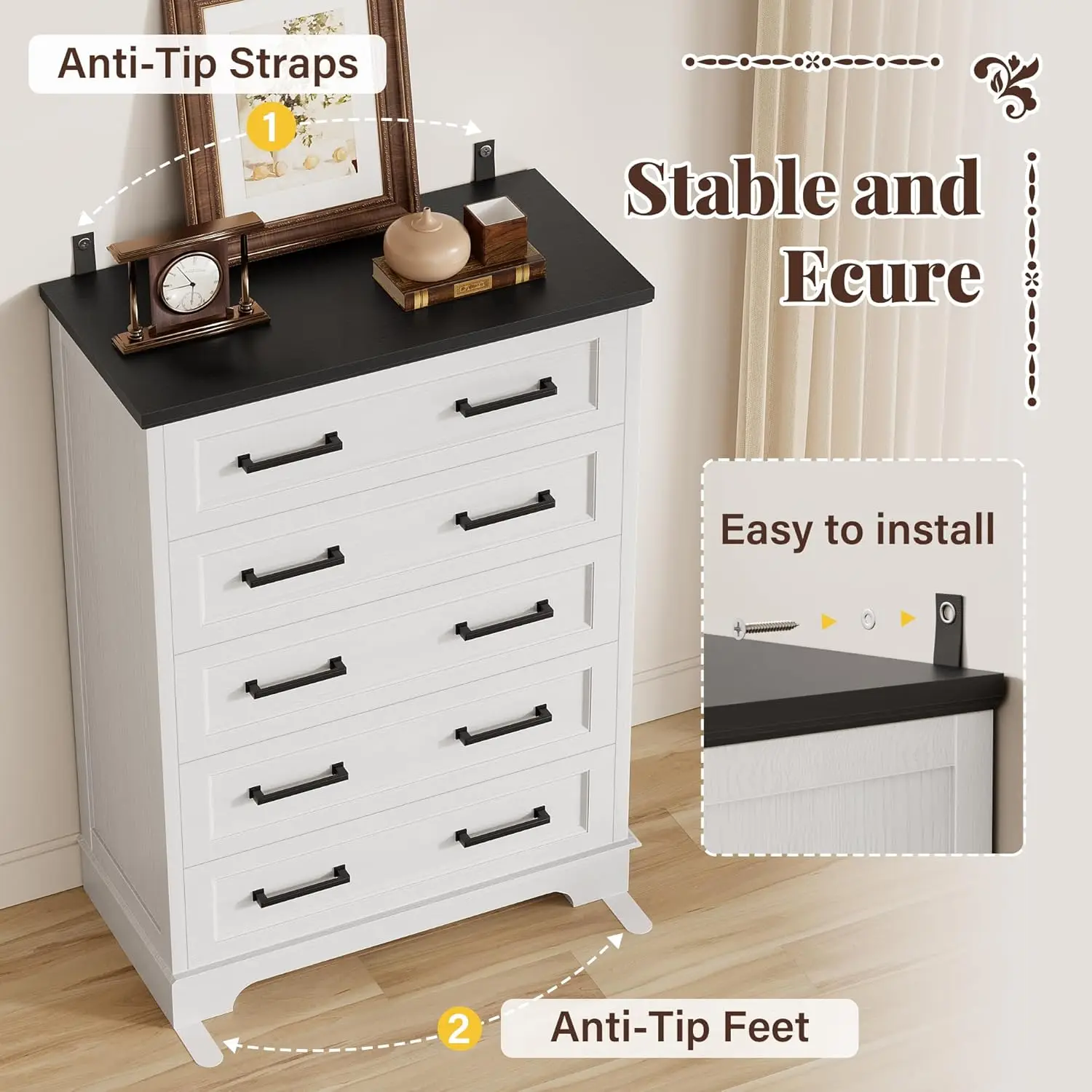 Farmhouse Dresser for Bedroom, 5 Drawers Dresser, Wood Chest of Drawers, 52" Wide Storage Dressers Organizer for Bedroom, Living