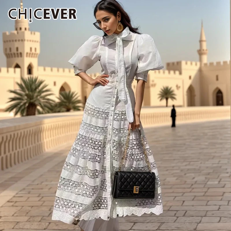 

CHICEVER Long Hollow Out Dresses For Women Bow Puff Sleeve High Waist Slimming Spliced Single Breasted Dress Female Summer New