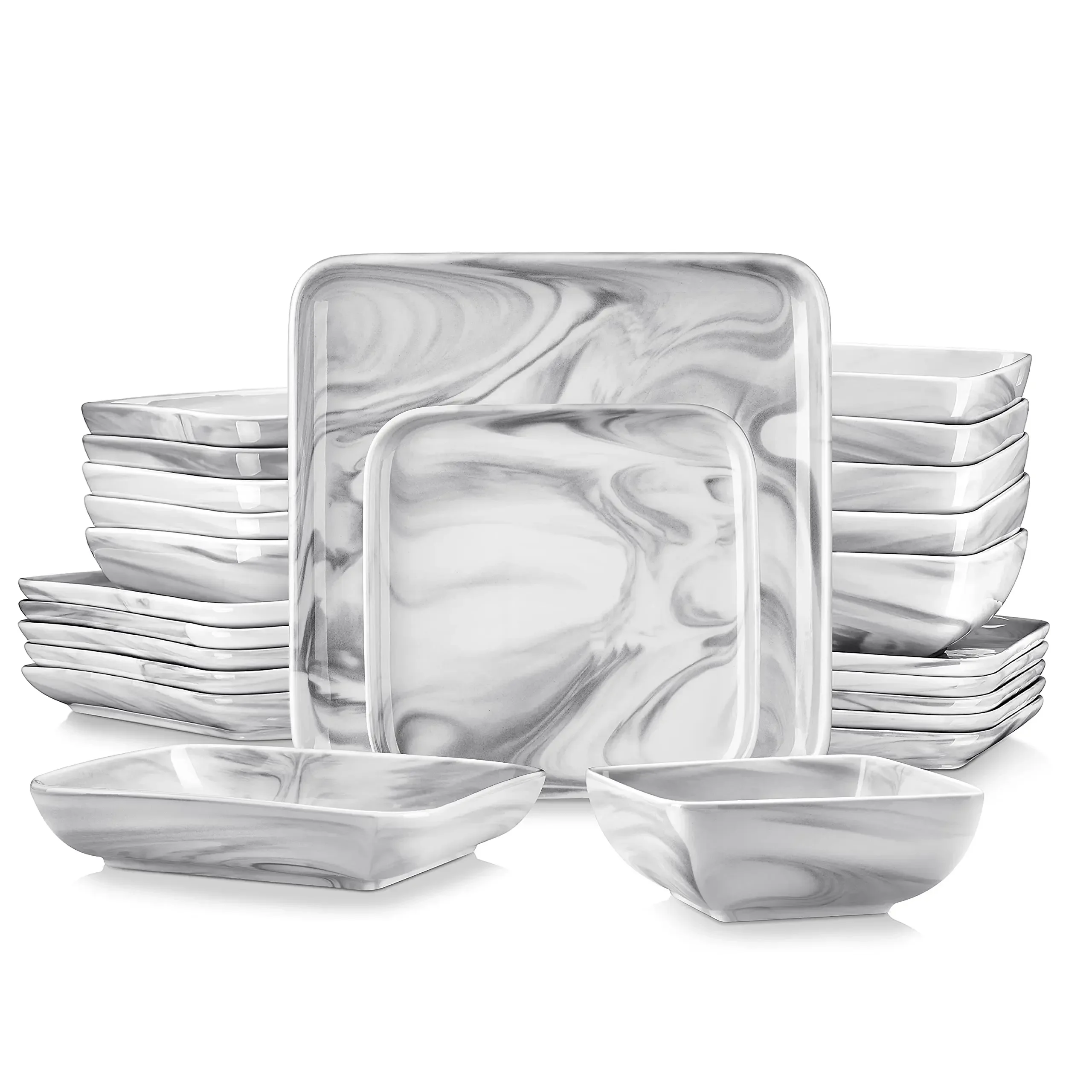 

MALACASA Plates and Bowls Sets, 24-Piece Porcelain Dinnerware Sets for 6, Marble Grey Dish Set, Square Dinnerware Set with Dinne