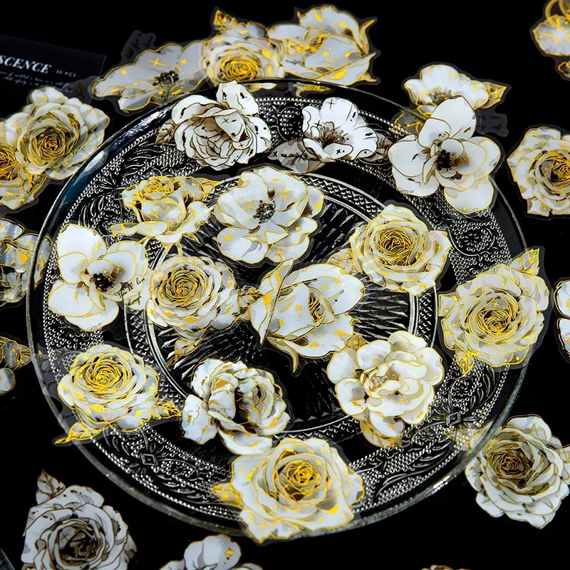 30Pcs with Handbags Sticker Plant Retro Art White Flower Decoration Stationery Sticker Gilded PET Wrapped Collage Cute Stickers