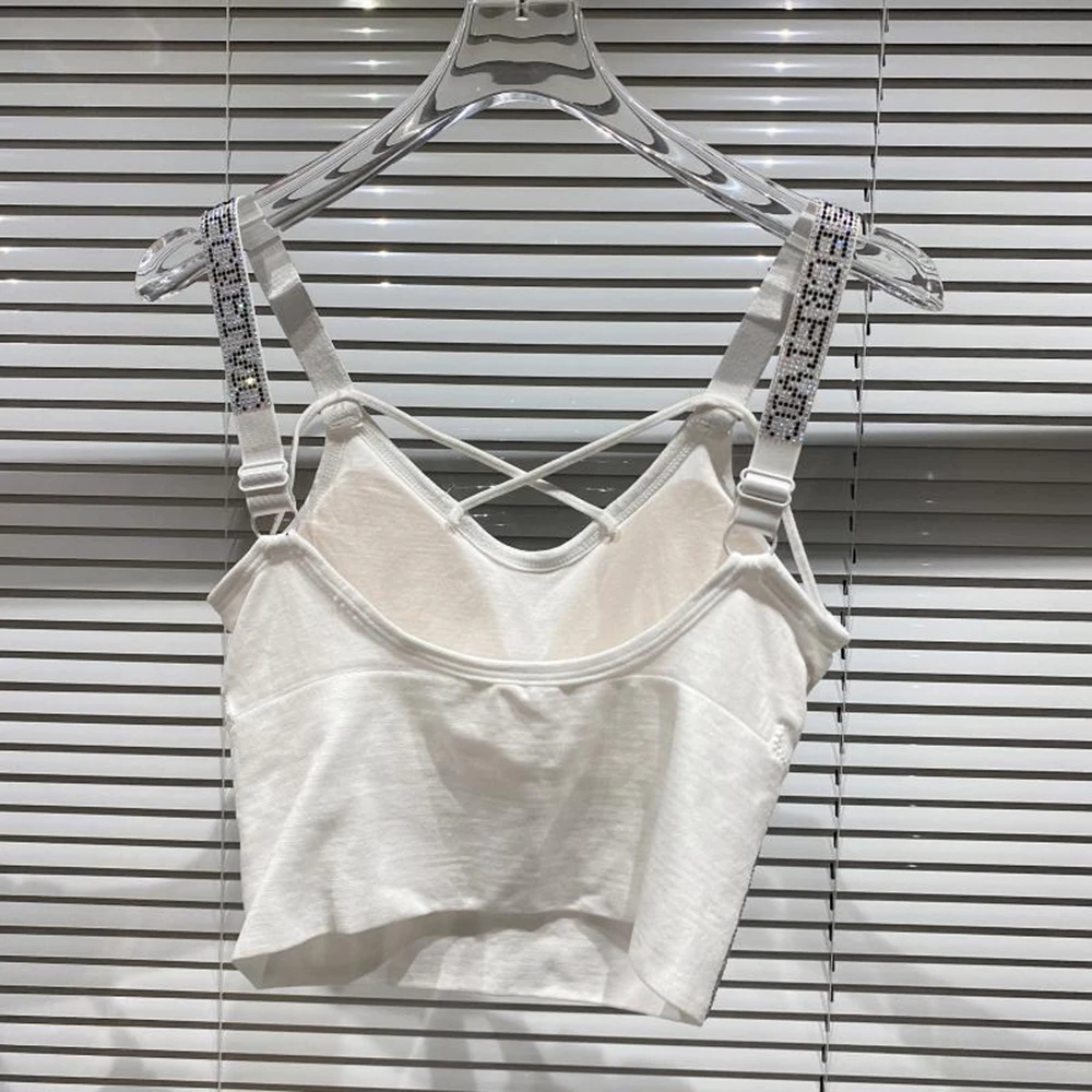 Women's Backless Sleeveless Camisole Top with Rhinestone-Inspired Letter Embellishment Lightweight Vest for Styling