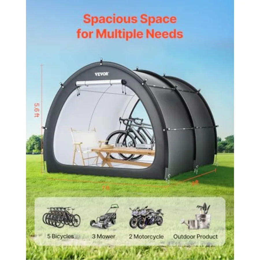 Outdoor bike storage tent for 5+ bicycles, waterproof fan-shaped design with ventilated window, high-strength fiberglass frame