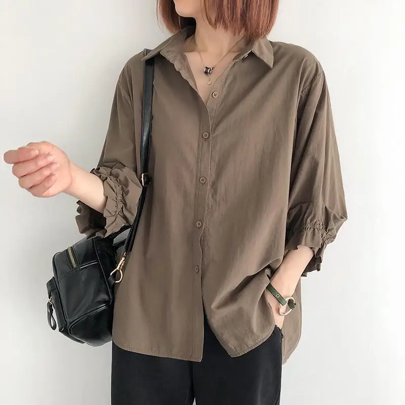 Einfarbiges Rüschenkanten-Laternenärmel-Oberteil mit Sieben-Viertel-Ärmeln Einreihiges Hemd Frühling Sommer Neue Koreanische Version Damen Locker Sitzende Übergrößen-Bluse – Detail 16