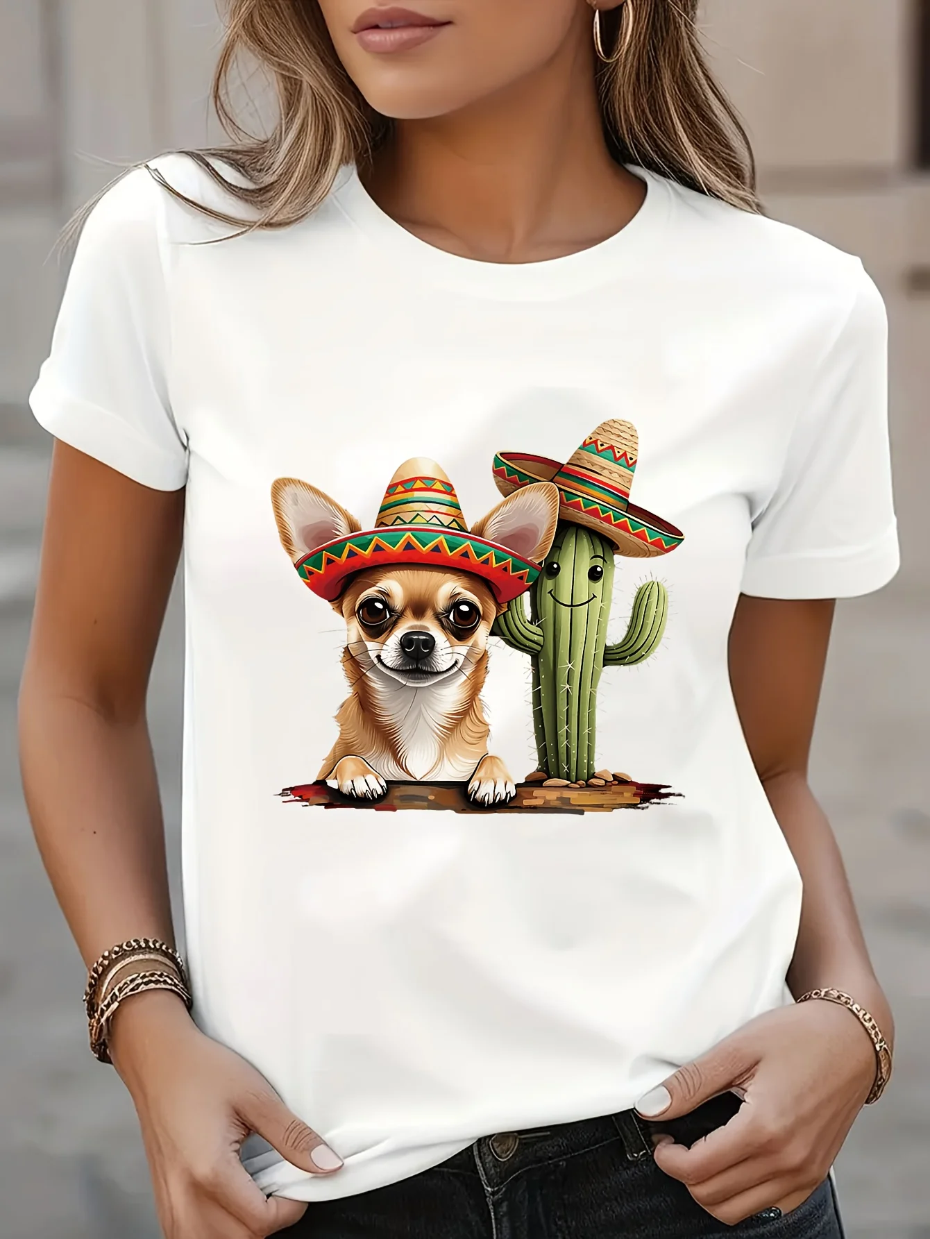 Women's T-shirt Short Sleeve Round Neck Casual Top with Chihuahua Print Soft Comfortable Suitable for Daily Wear for Women