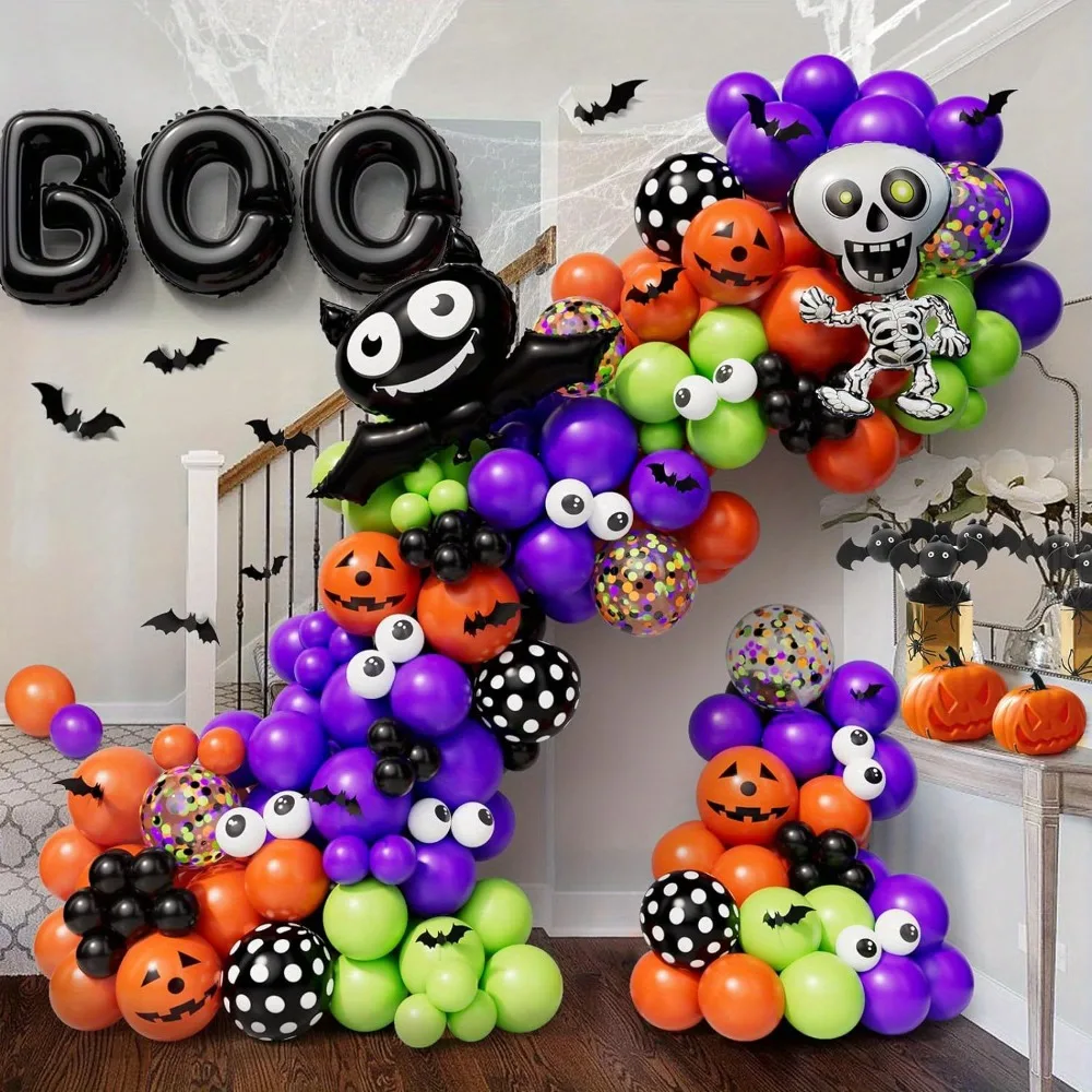137 Stück Halloween-Ballon-Girlanden-Set, Fledermaus-Skelett, Aluminiumfolie, Ballon, Halloween-Thriller, gruselige Atmosphäre, Party-Szenen-Layout
