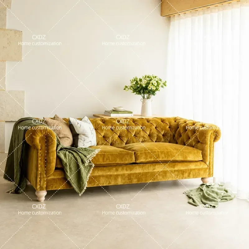 Retro Fabric Buckle Sofa Light Luxury Ginger Solid Wood Straight Row Three Person Sofa