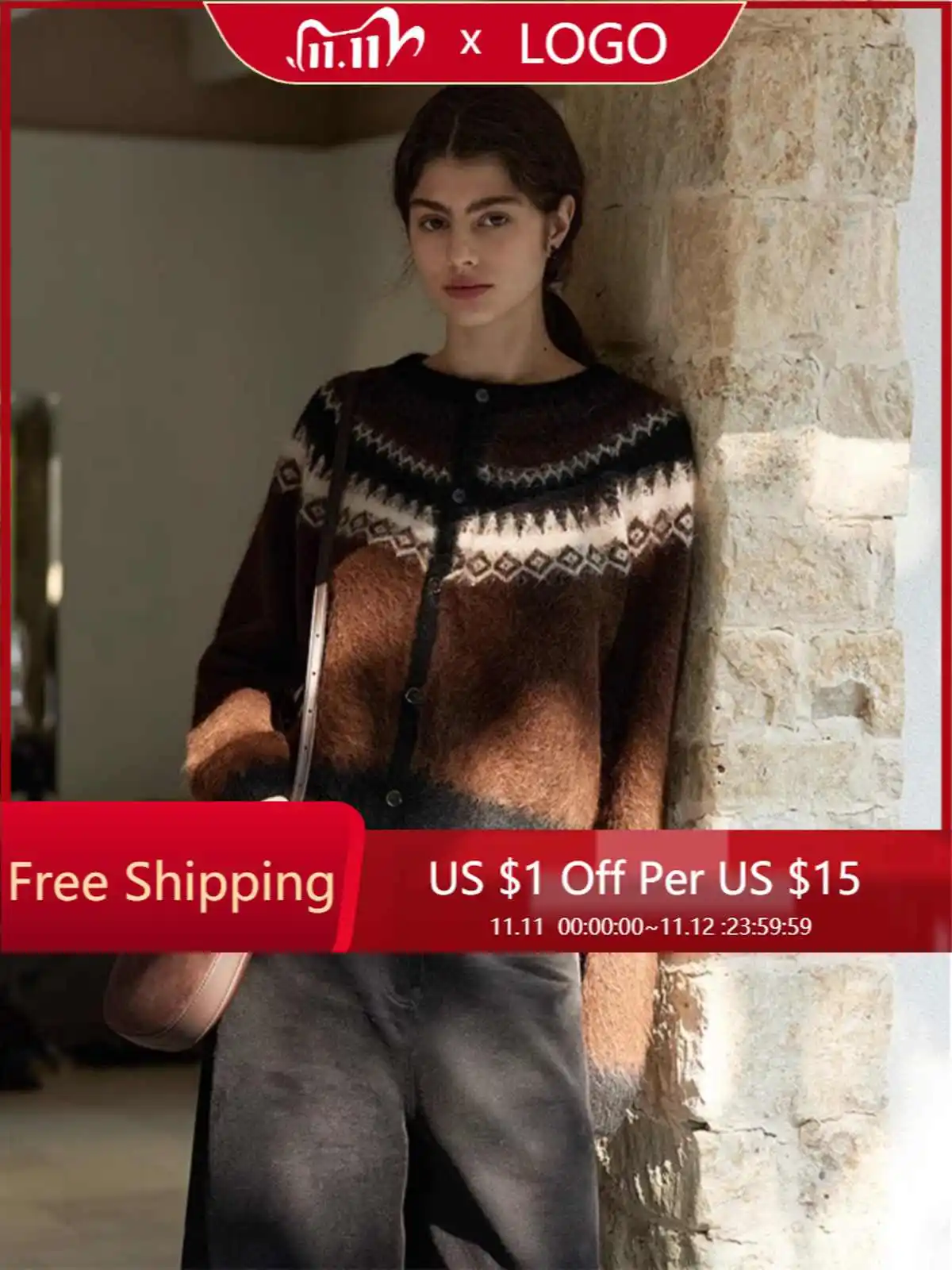 

Women's Retro Soft Knitted Cardigan Autumn/Winter Camel Wool Blended Contrast Sweater Skin Friendly Temperament Cardigan