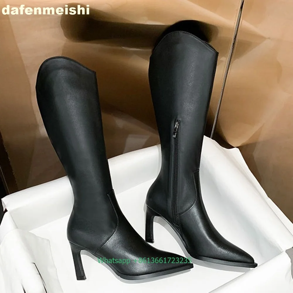 

Genuine Leather Western Cowboy Boots Pointed Toe Thin Heel Sexy Women Knee High Black/white Large Size Women Knight Boots