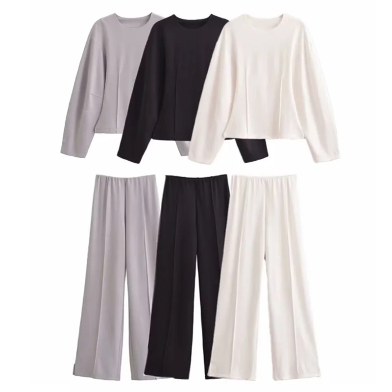 HXAO Pant Sets Women's Two Pieces Set Crop Long Sleeve Sets Elegant Women's Sets High Waist Wide Leg Trousers Sets Elastic Sets