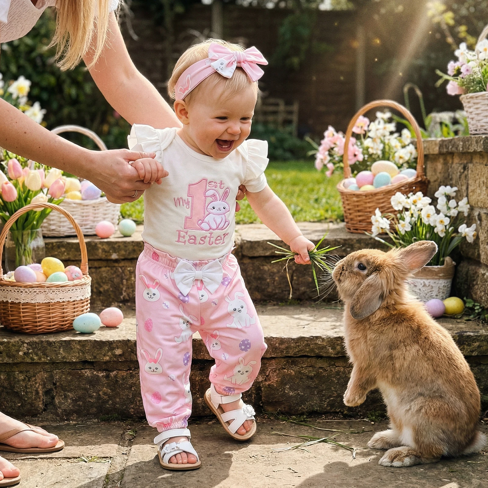 Baby Girl Easter 3Pcs Outfit Ruffle Short Sleeve Bunny Romper Pants Headband Set Newborn Infant Spring Summer Clothing